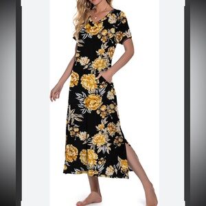 PrinStory Womens V Neck Long Nightgown-Loungewear With Short Sleeve and Pockets
